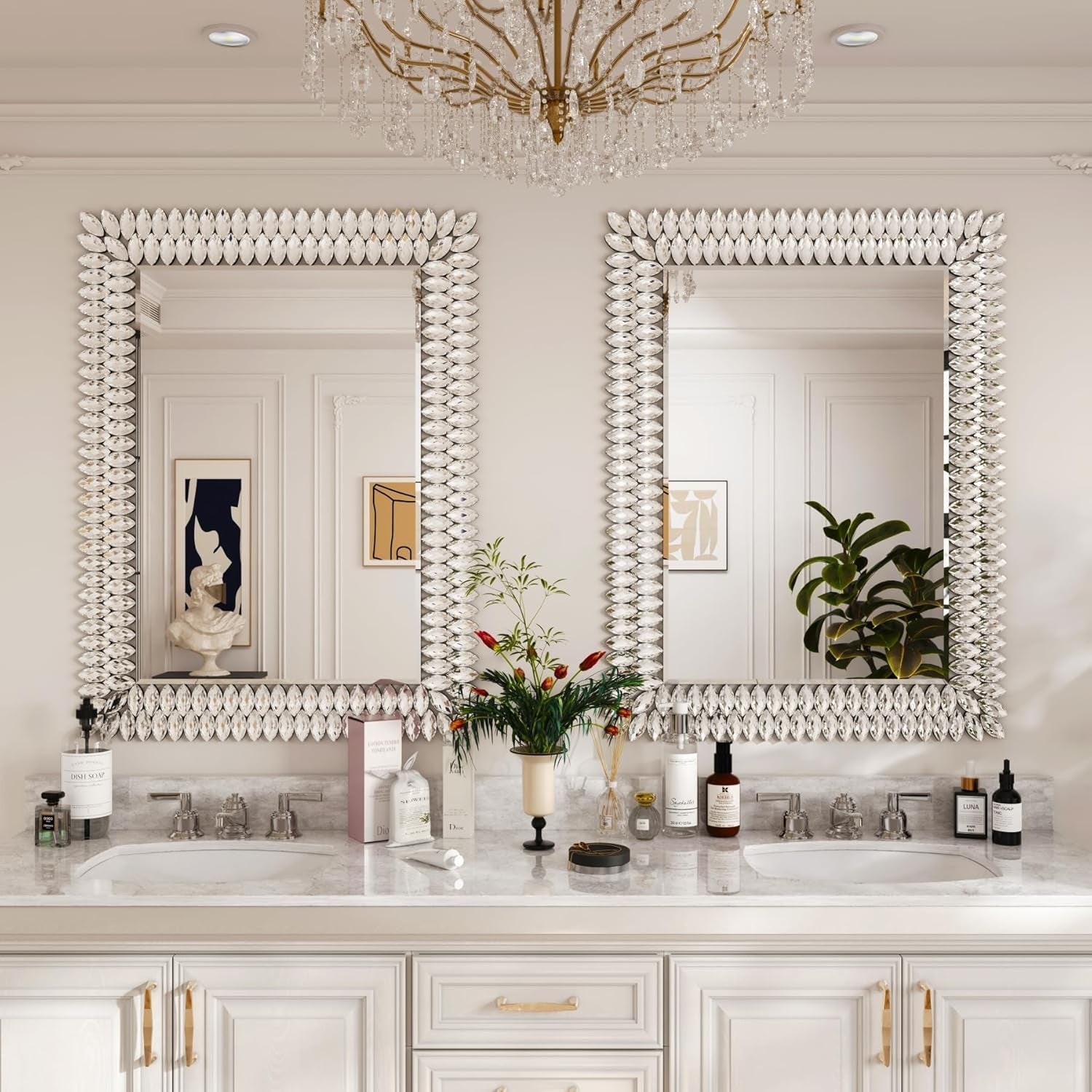 30"X40" Jeweled Bathroom Wall Mirror, Large Rectangle Mirror Decorative Mirror Luxury Vanity Mirror with Diamonds for Master Bath Half Bath Living Room Bedroom Fireplace Mantle Entryway-3