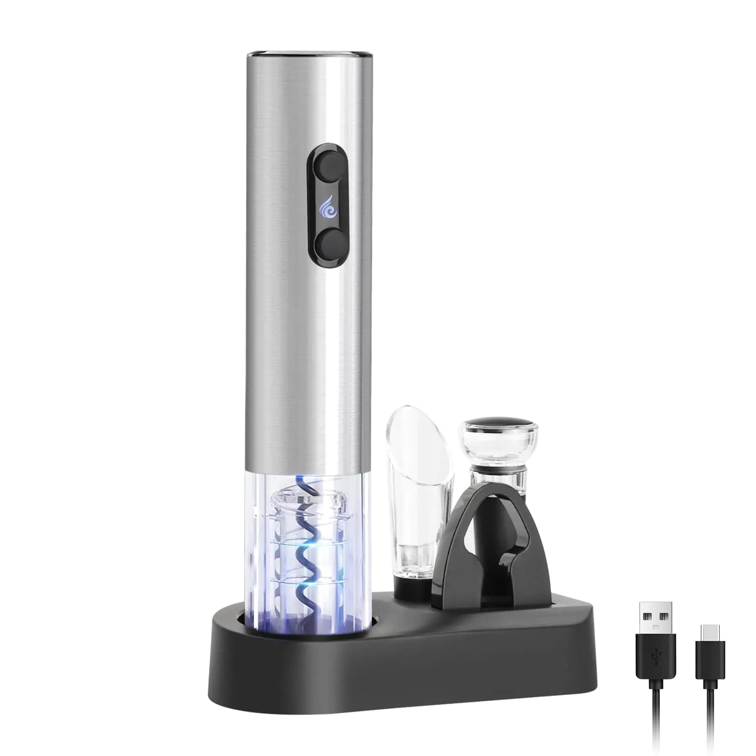 Electric Wine Opener Set – Silver 5-in-1 Rechargeable Corkscrew with Aerator & Vacuum Stopper  Description: