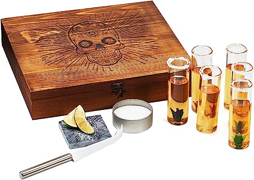 Tequila Shot Glass & Salt Gift Set for Men & Women | Six Agave Shot Glasses, Knife For Limes, One Skull Coaster, One Salt Tin | Skeleton Mahogany Wood Box Package For Tequila, Liquor Lovers-3