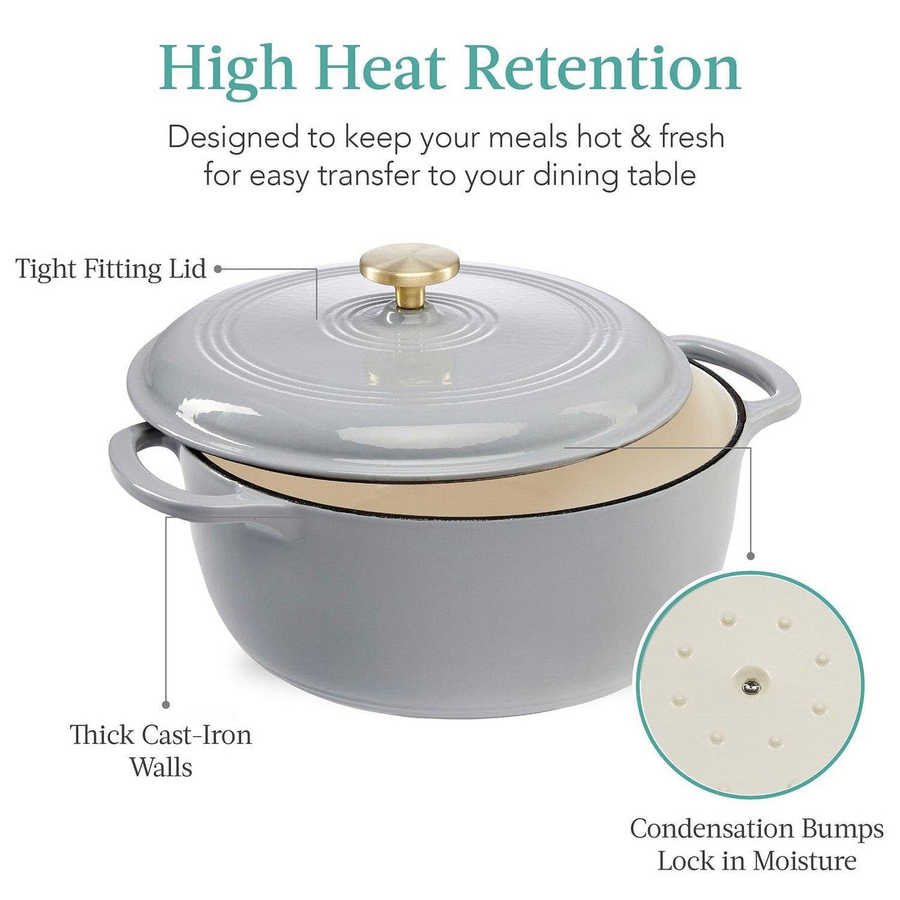 6 Quart Large Light Grey Enamel Cast-Iron Dutch Oven Kitchen Cookware-0