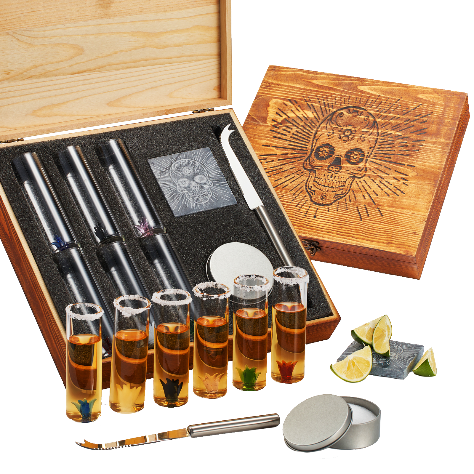 Tequila Shot Glass & Salt Gift Set for Men & Women | Six Agave Shot Glasses, Knife For Limes, One Skull Coaster, One Salt Tin | Skeleton Mahogany Wood Box Package For Tequila, Liquor Lovers-0