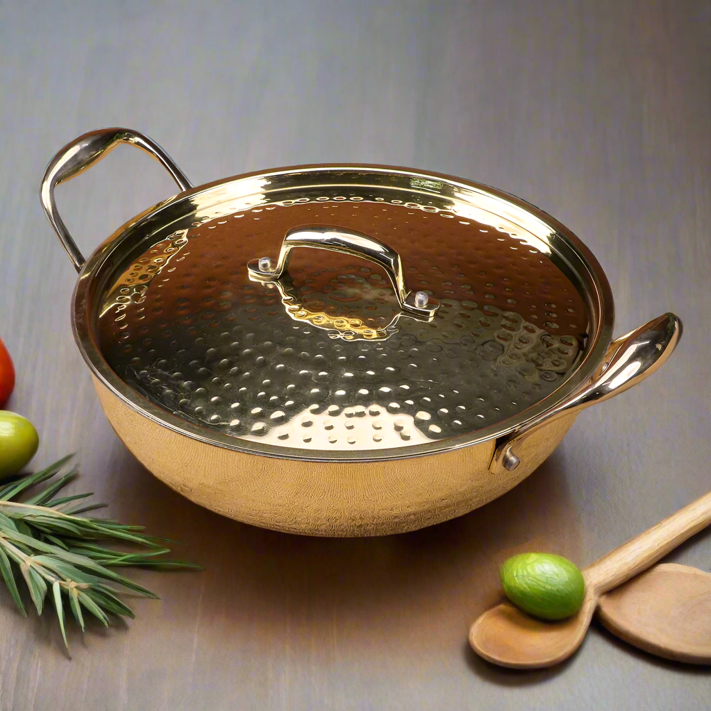 Pure Brass Kadhai Set With Tin Coating Inside | Cooking Ware kadhai Set With Lid- 2.5 Ltr-0